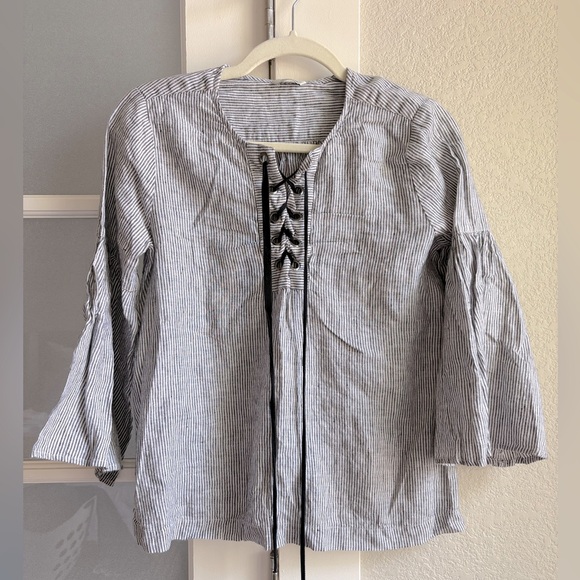 St Roche - Women's Lula Bell Sleeve Linen Stripe Top - Size Small- Black & White - Picture 2 of 5